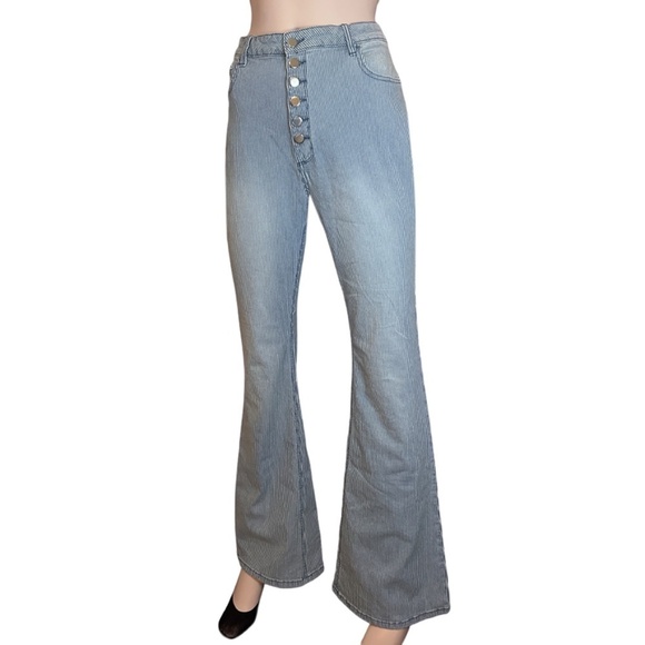 Fashion Nova Pin Me Down Stripe Flare Jeans High Waist Bell Bottom Button Fly - Picture 3 of 14